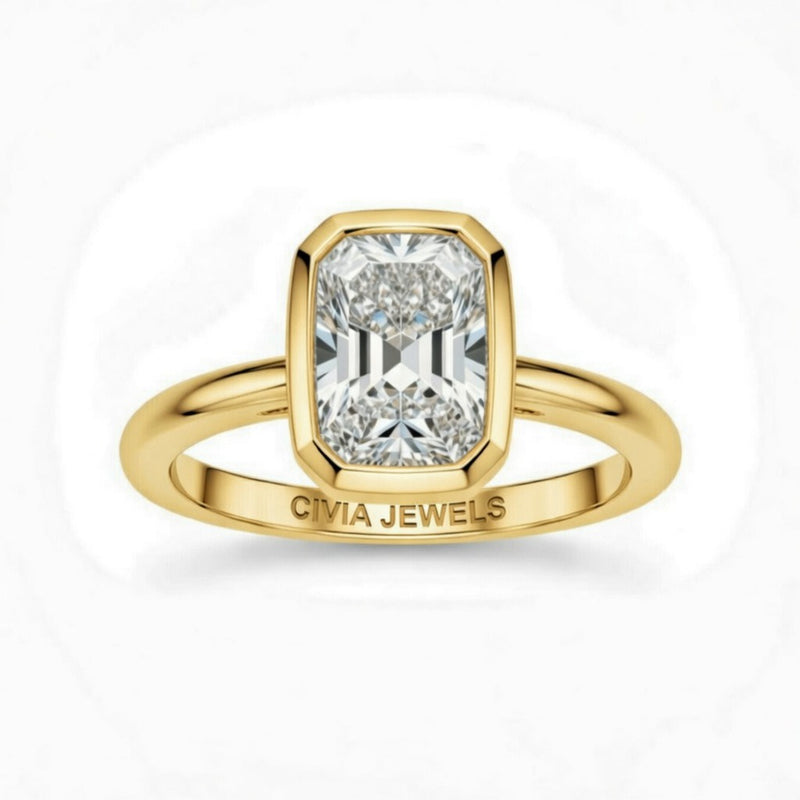 Yellow Gold Radiant Cut Bezel Set Solitaire Engagement Ring with Polished Comfort Fit Band