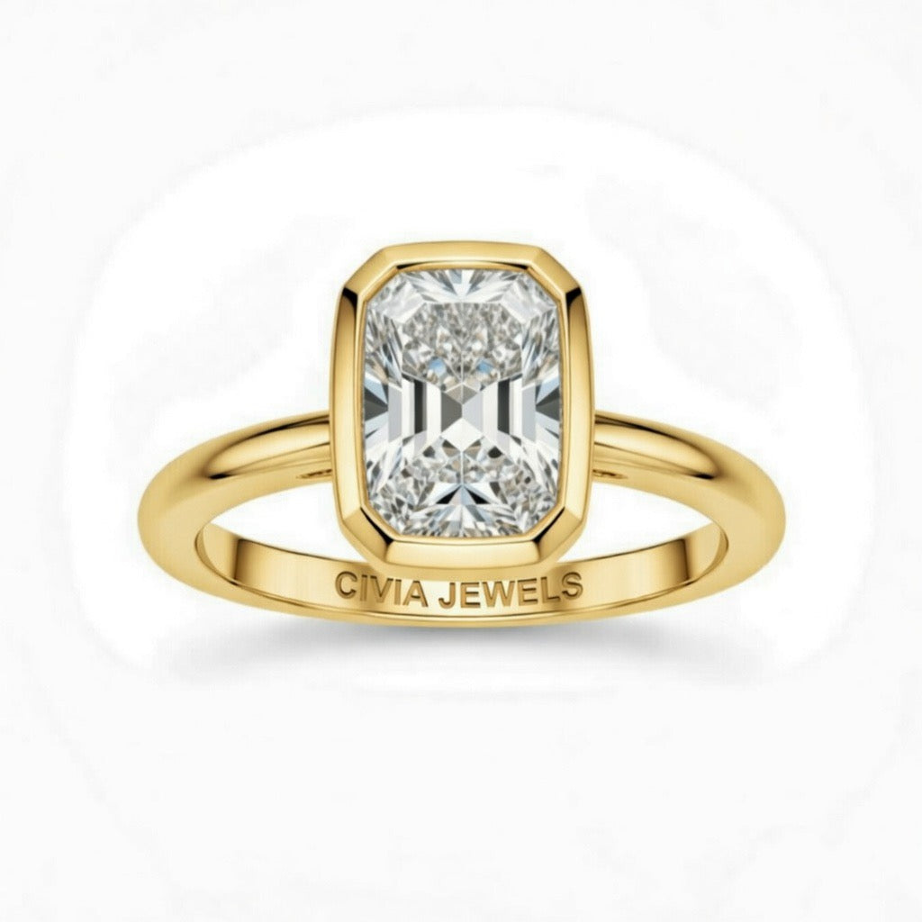 Yellow Gold Radiant Cut Bezel Set Solitaire Engagement Ring with Polished Comfort Fit Band
