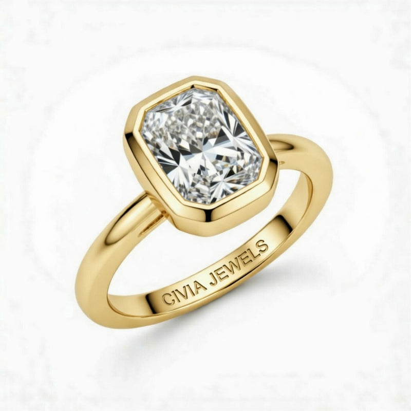 Yellow Gold Radiant Cut Bezel Set Solitaire Engagement Ring with Polished Comfort Fit Band