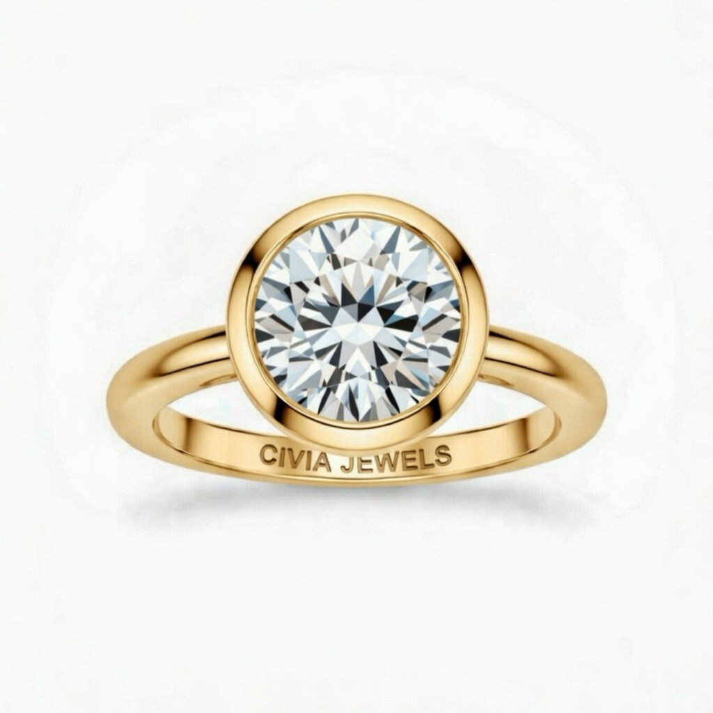 Yellow Gold Round Cut Bezel Set Solitaire Engagement Ring with Polished Comfort Fit Band