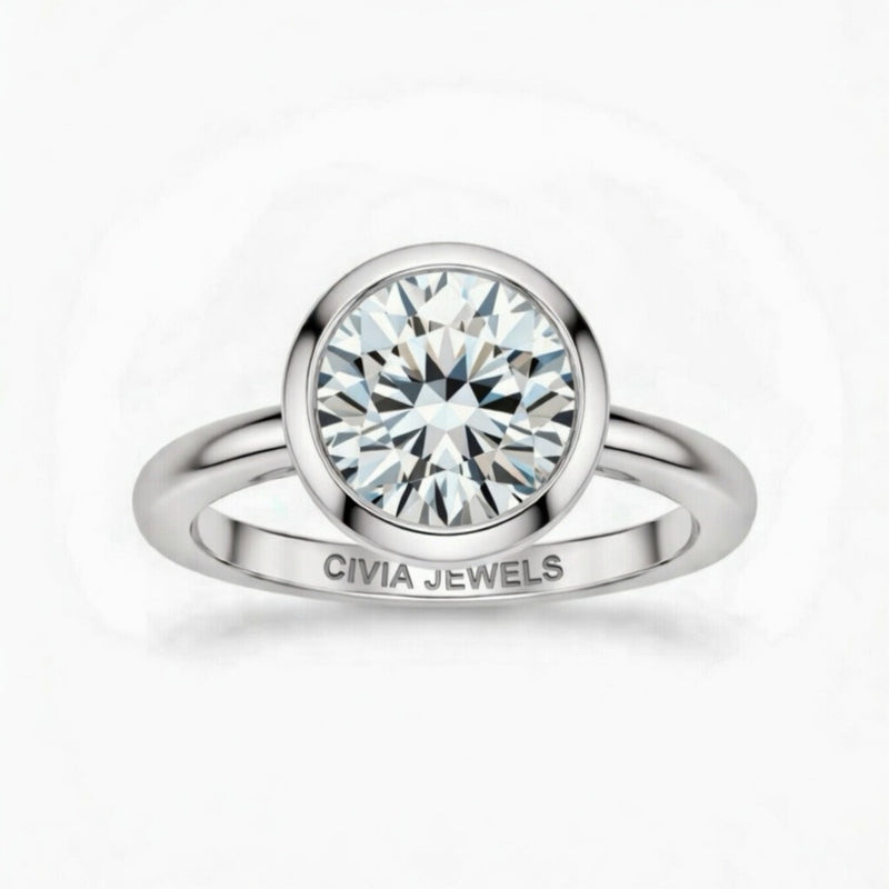Silver Round Cut Bezel Set Solitaire Engagement Ring with Polished Comfort Fit Band