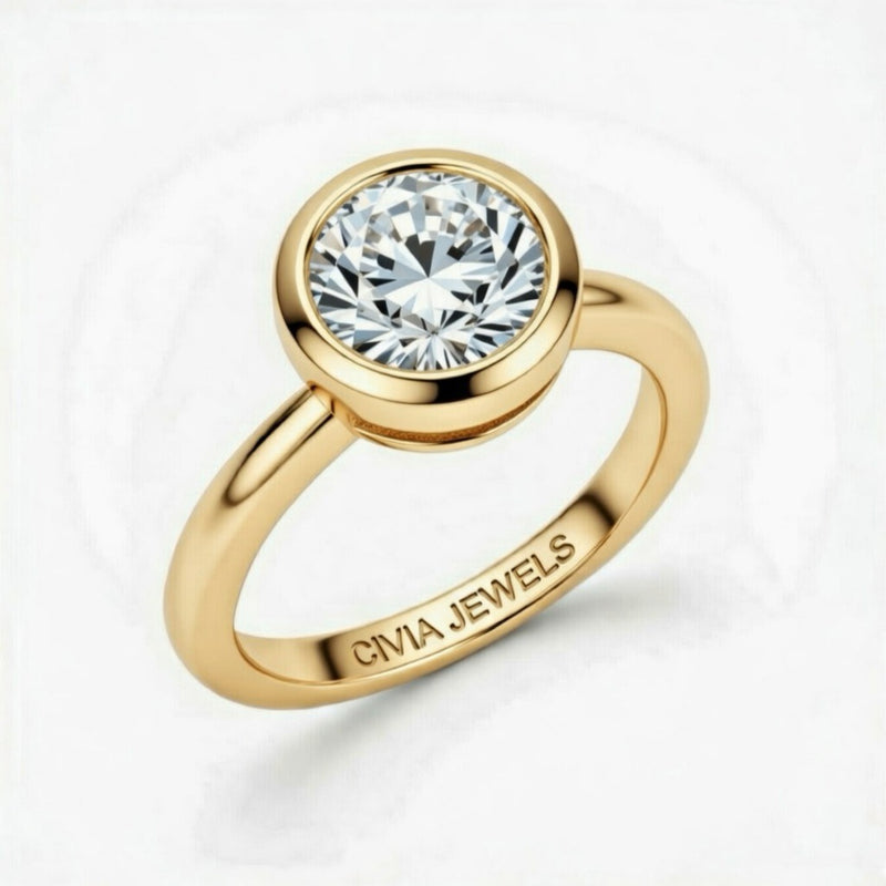 Yellow Gold Round Cut Bezel Set Solitaire Engagement Ring with Polished Comfort Fit Band
