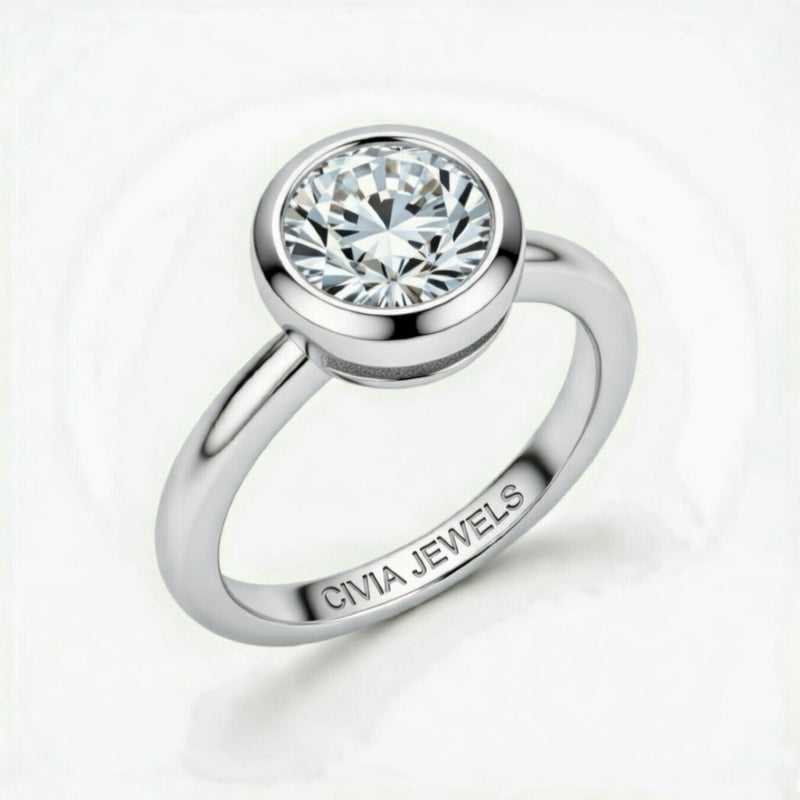 Silver Round Cut Bezel Set Solitaire Engagement Ring with Polished Comfort Fit Band
