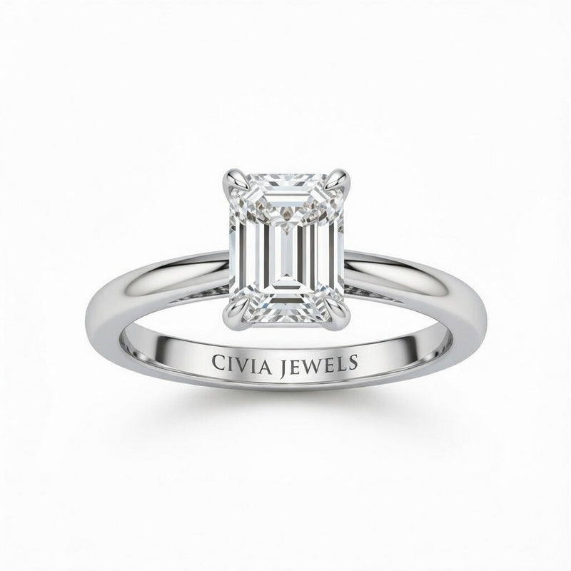 Silver Emerald Cut Solitaire Engagement Ring with Sculpted Tapered Shank