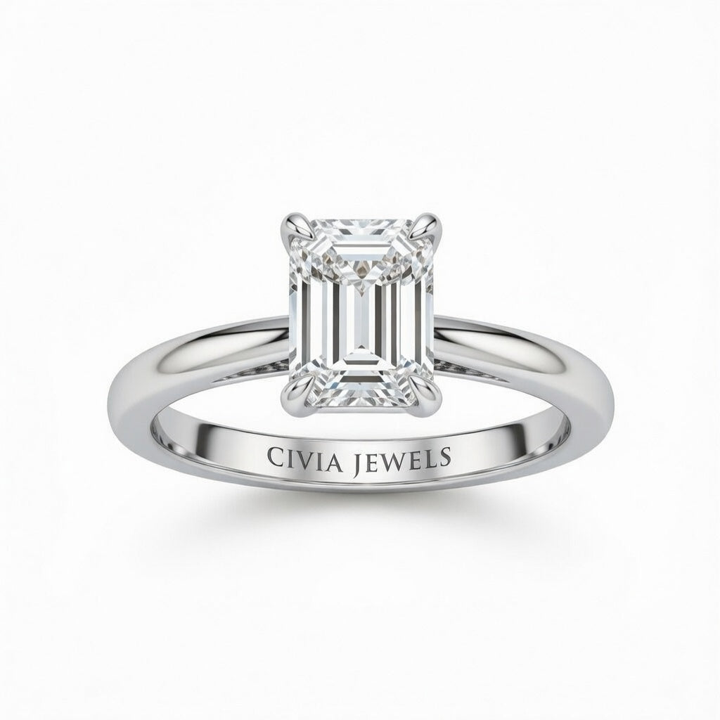 Silver Emerald Cut Solitaire Engagement Ring with Sculpted Tapered Shank