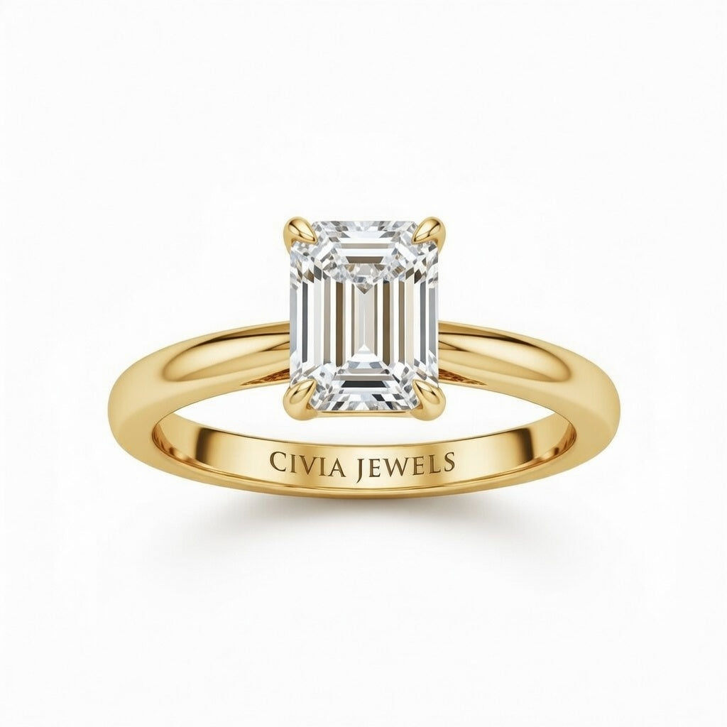 Yellow Gold Emerald Cut Solitaire Engagement Ring with Sculpted Tapered Shank