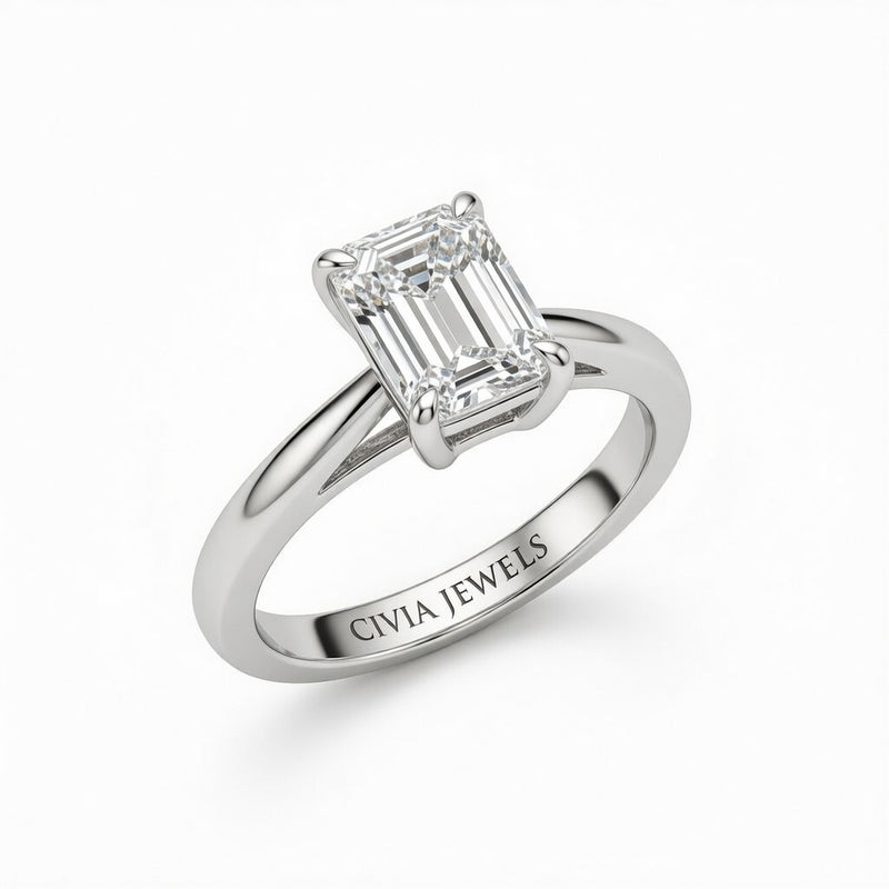 Silver Emerald Cut Solitaire Engagement Ring with Sculpted Tapered Shank