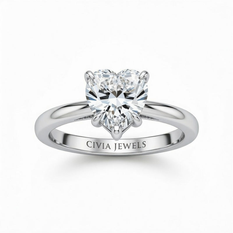 Silver Heart Cut Solitaire Engagement Ring with Sculpted Tapered Shank
