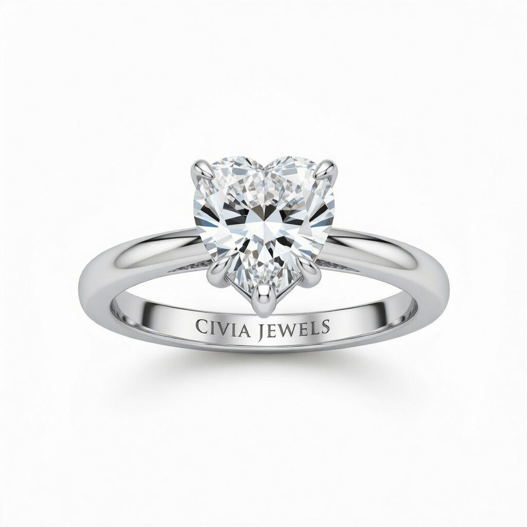 Silver Heart Cut Solitaire Engagement Ring with Sculpted Tapered Shank