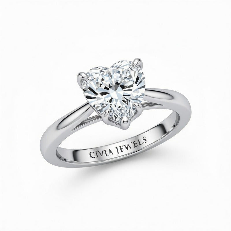 Silver Heart Cut Solitaire Engagement Ring with Sculpted Tapered Shank