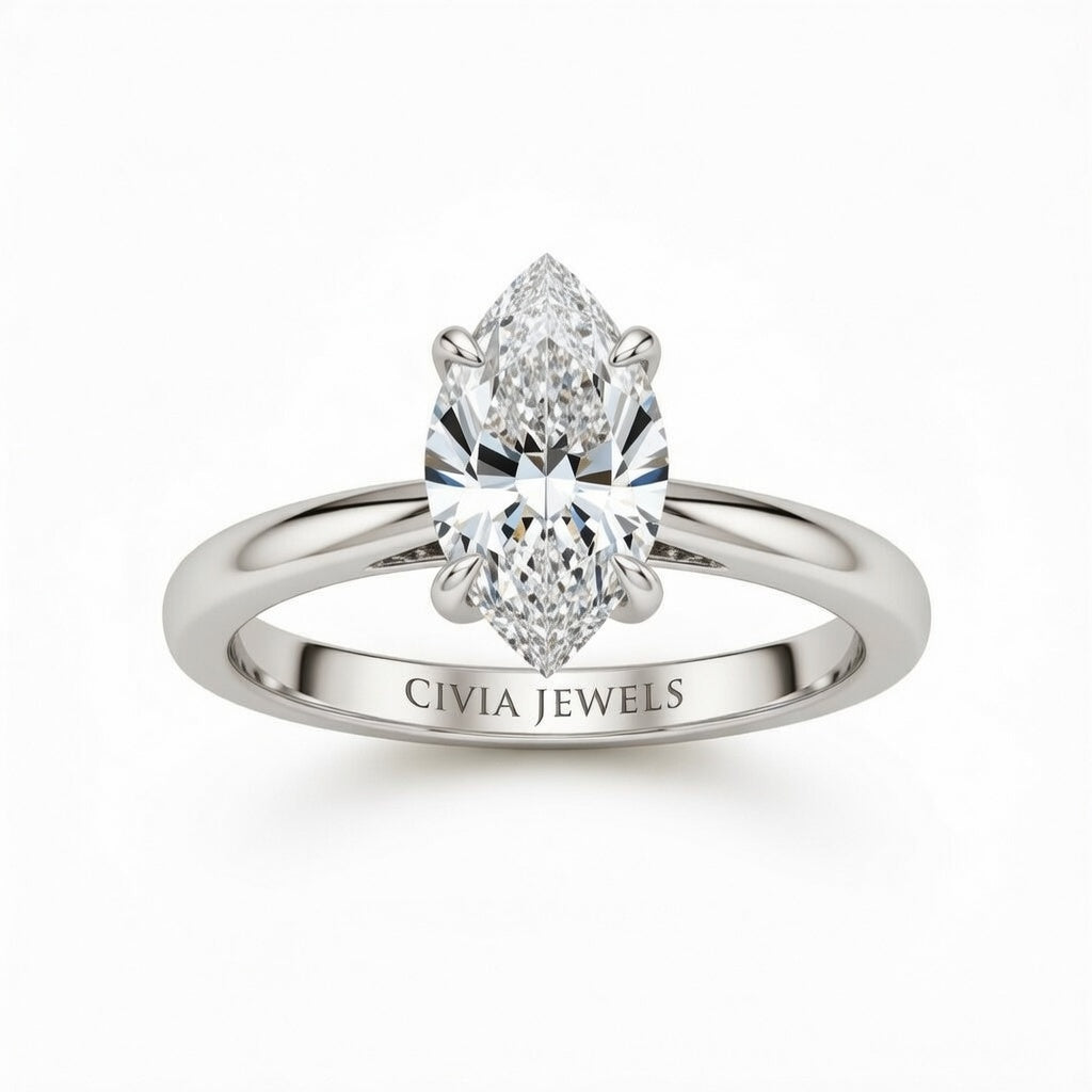 Silver Marquise Cut Solitaire Engagement Ring with Sculpted Tapered Shank