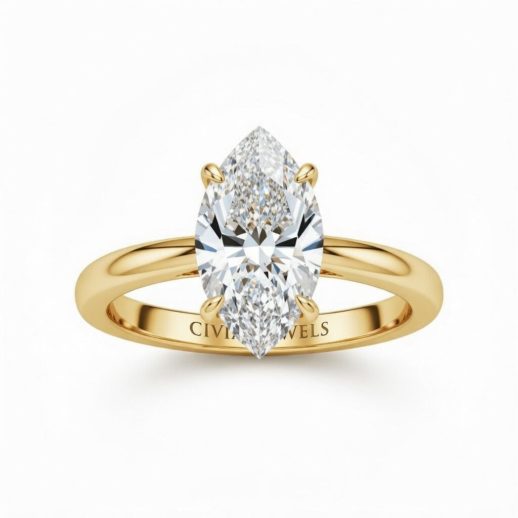 Yellow Gold Marquise Cut Solitaire Engagement Ring with Sculpted Tapered Shank