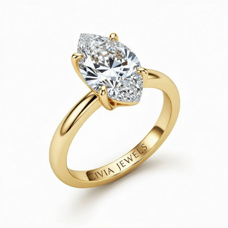 Yellow Gold Marquise Cut Solitaire Engagement Ring with Sculpted Tapered Shank