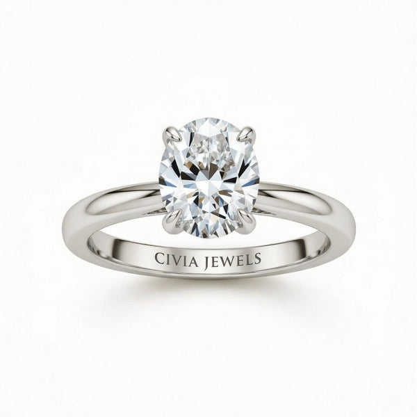 Silver Oval Cut Solitaire Engagement Ring with Sculpted Tapered Shank