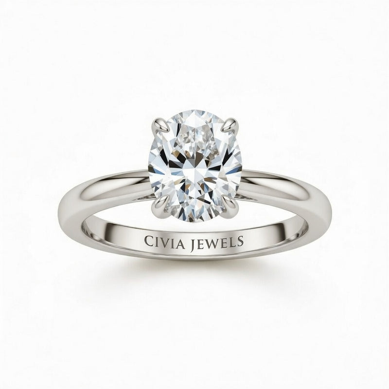 Silver Oval Cut Solitaire Engagement Ring with Sculpted Tapered Shank