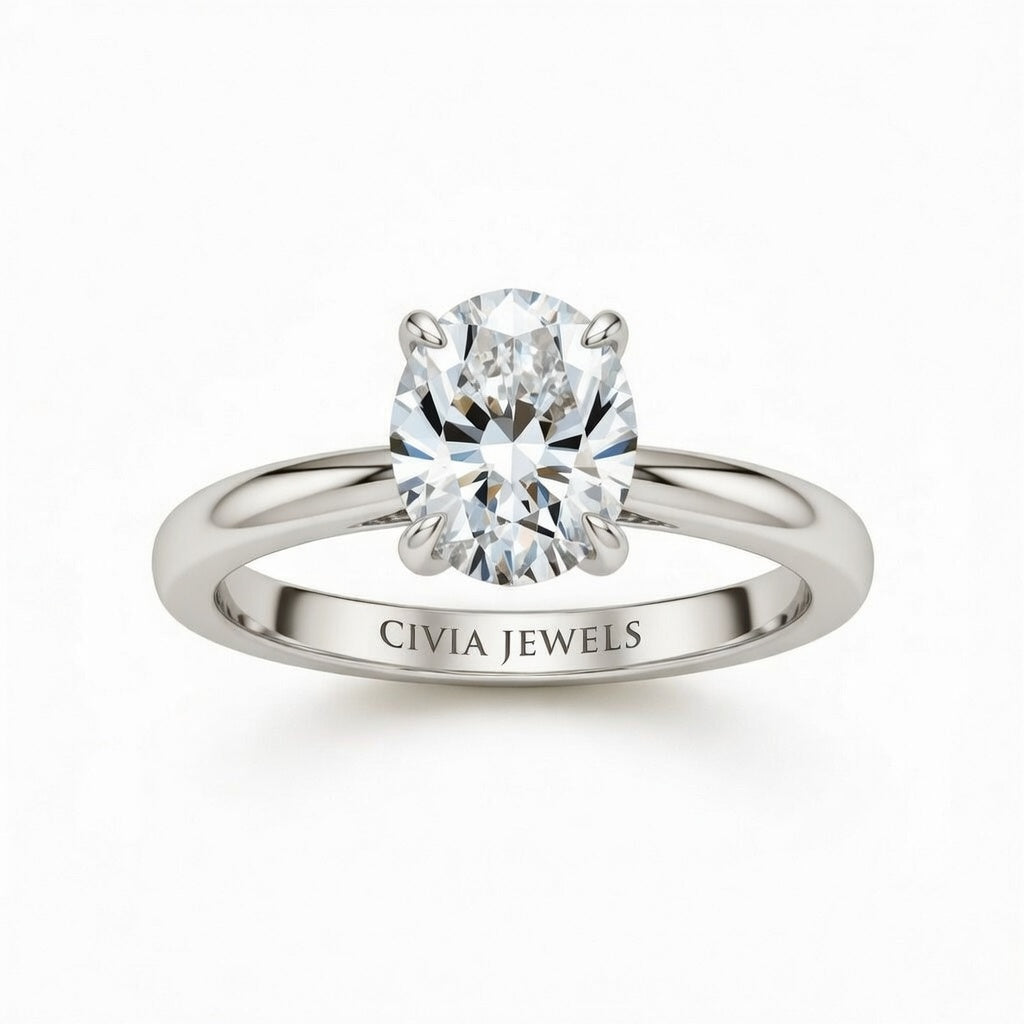 Silver Oval Cut Solitaire Engagement Ring with Sculpted Tapered Shank