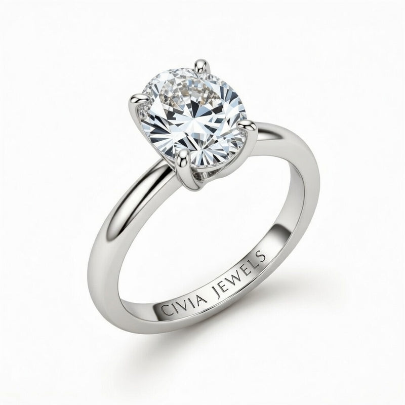 Silver Oval Cut Solitaire Engagement Ring with Sculpted Tapered Shank