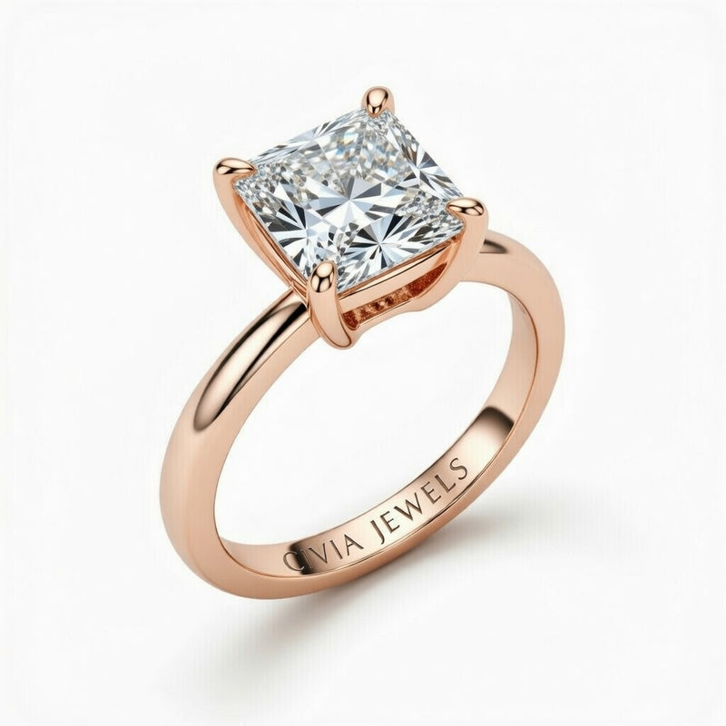 Rose Gold Princess Cut Solitaire Engagement Ring with Sculpted Tapered Shank