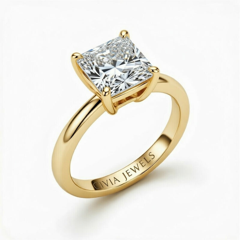 Yellow Gold Princess Cut Solitaire Engagement Ring with Sculpted Tapered Shank