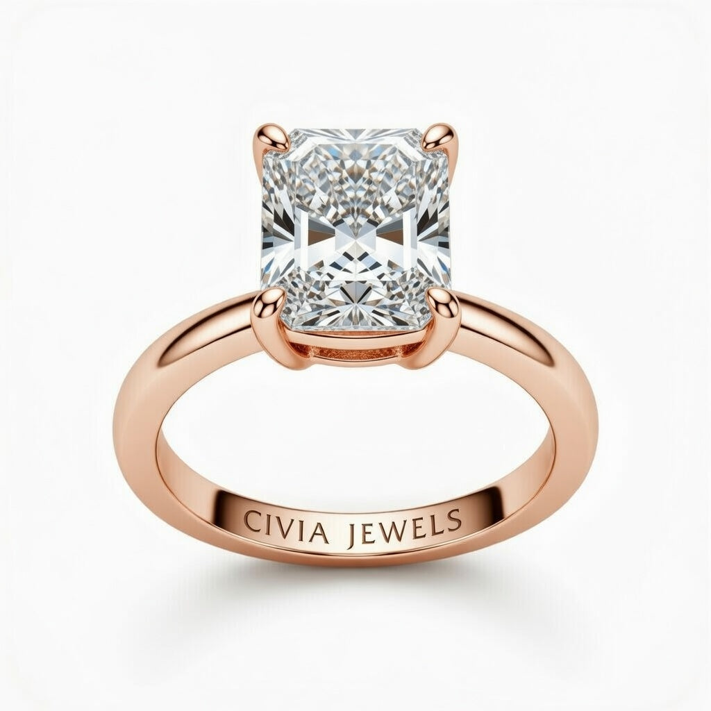 Rose Gold Radiant Cut Solitaire Engagement Ring with Sculpted Tapered Shank