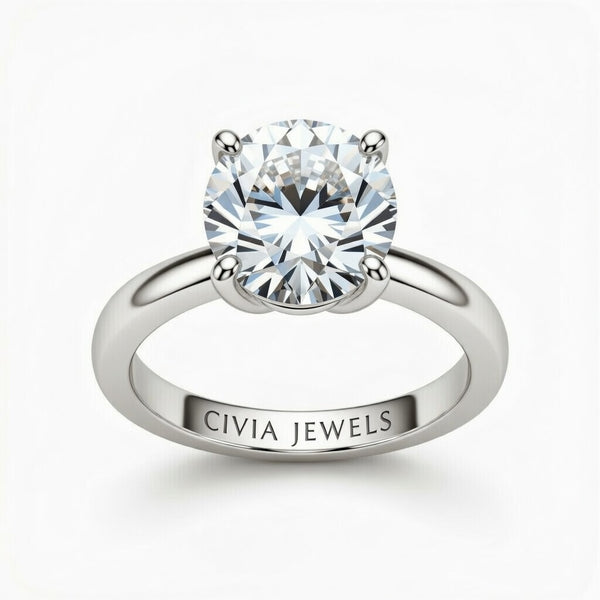 Silver Round Cut Solitaire Engagement Ring with Sculpted Tapered Shank