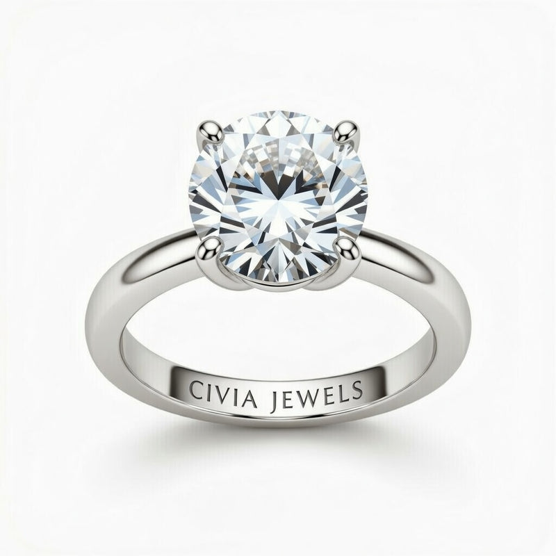 Silver Round Cut Solitaire Engagement Ring with Sculpted Tapered Shank