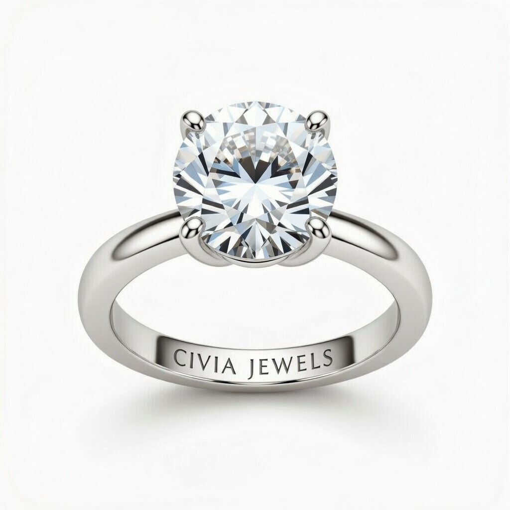 Silver Round Cut Solitaire Engagement Ring with Sculpted Tapered Shank