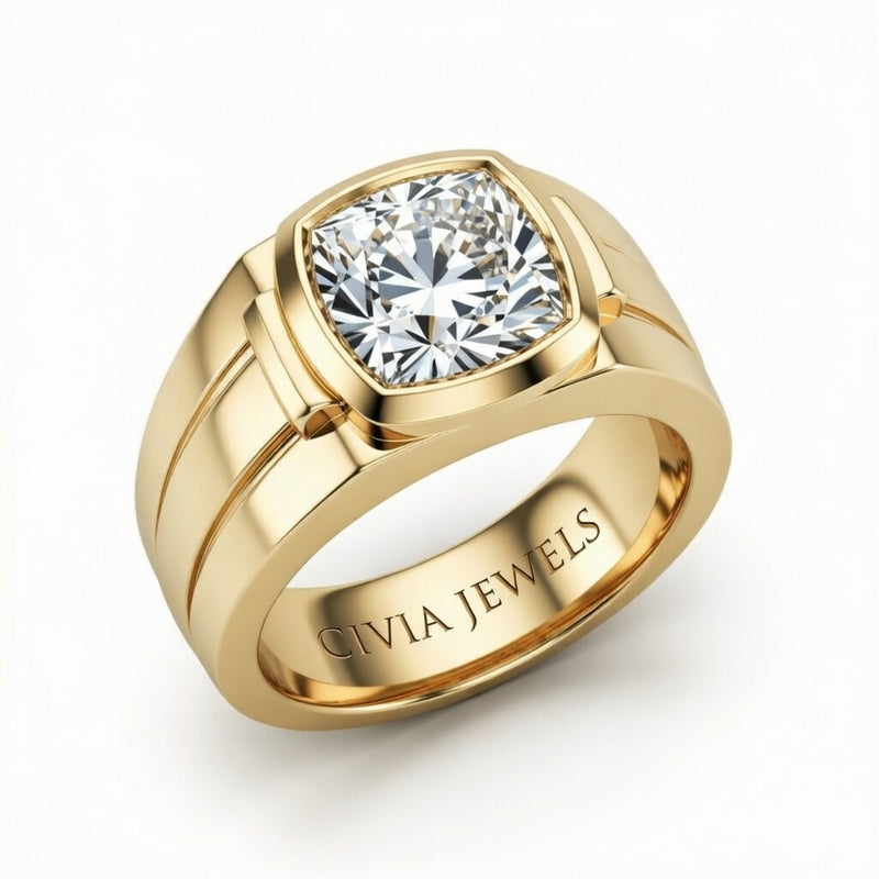 Yellow Gold Cushion Cut Bezel Set Solitaire Engagement Ring with Smooth Band