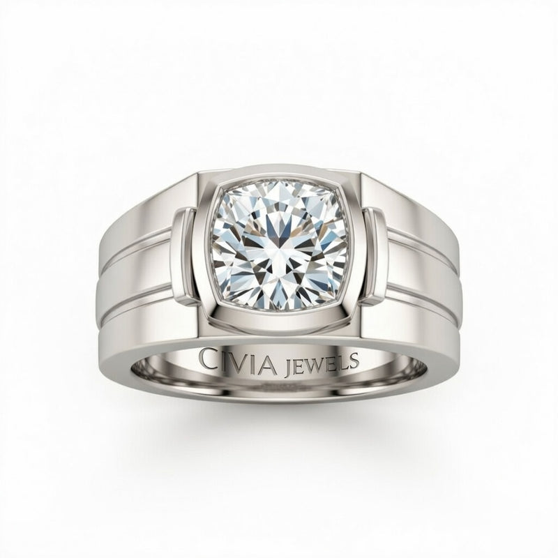White Gold Cushion Cut Bezel Set Solitaire Engagement Ring with Smooth Band