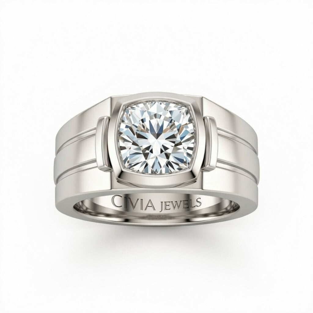 Silver Cushion Cut Bezel Set Solitaire Engagement Ring with Smooth Band