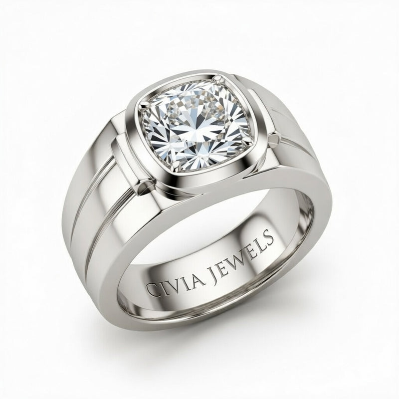 Silver Cushion Cut Bezel Set Solitaire Engagement Ring with Smooth Band