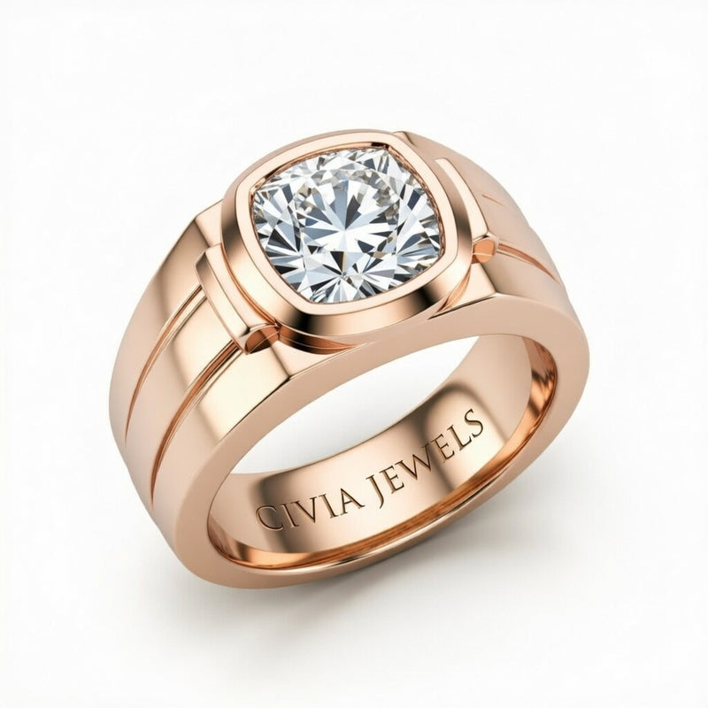Rose Gold Cushion Cut Bezel Set Solitaire Engagement Ring with Smooth Band