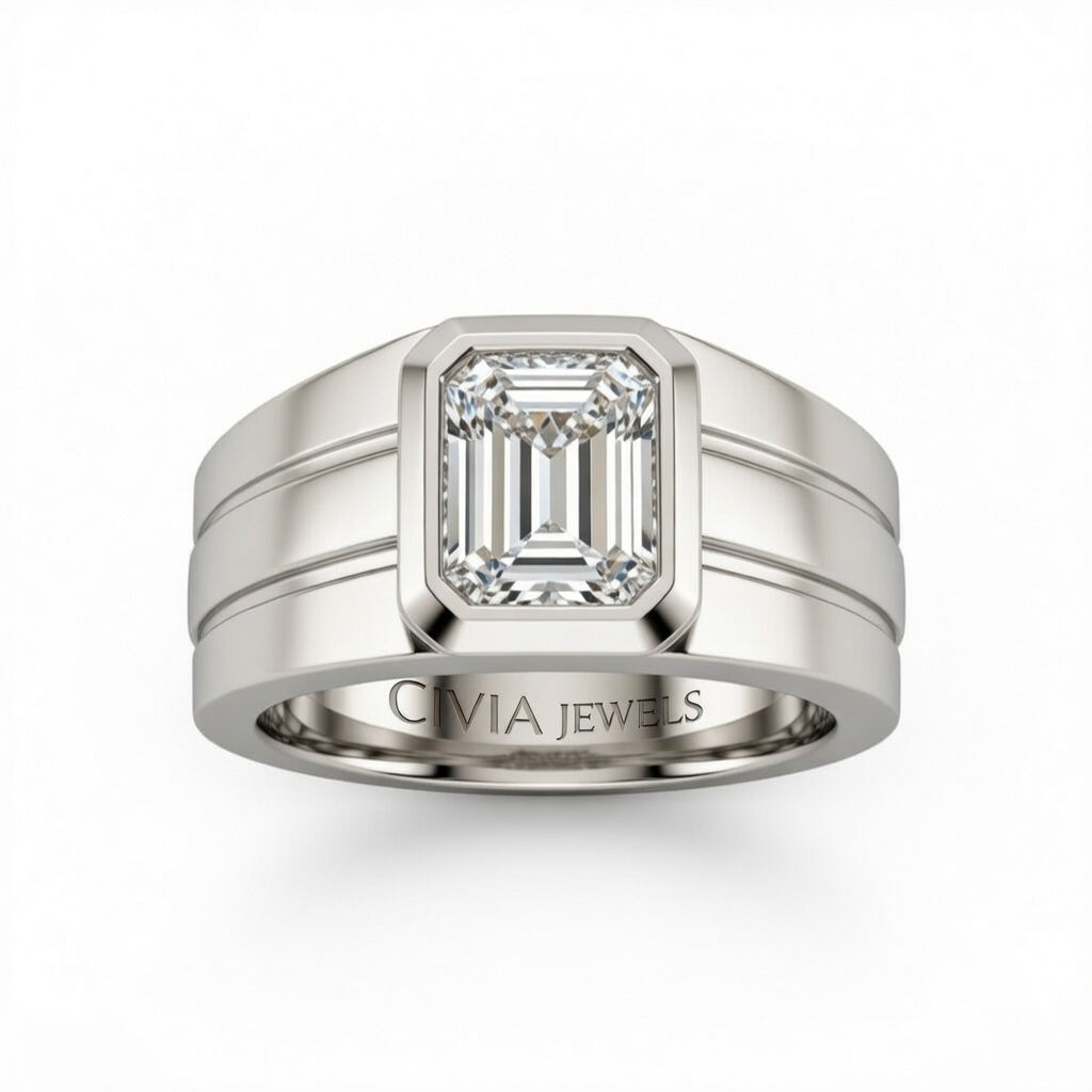 Silver Emerald Cut Bezel Set Solitaire Engagement Ring with Smooth Band