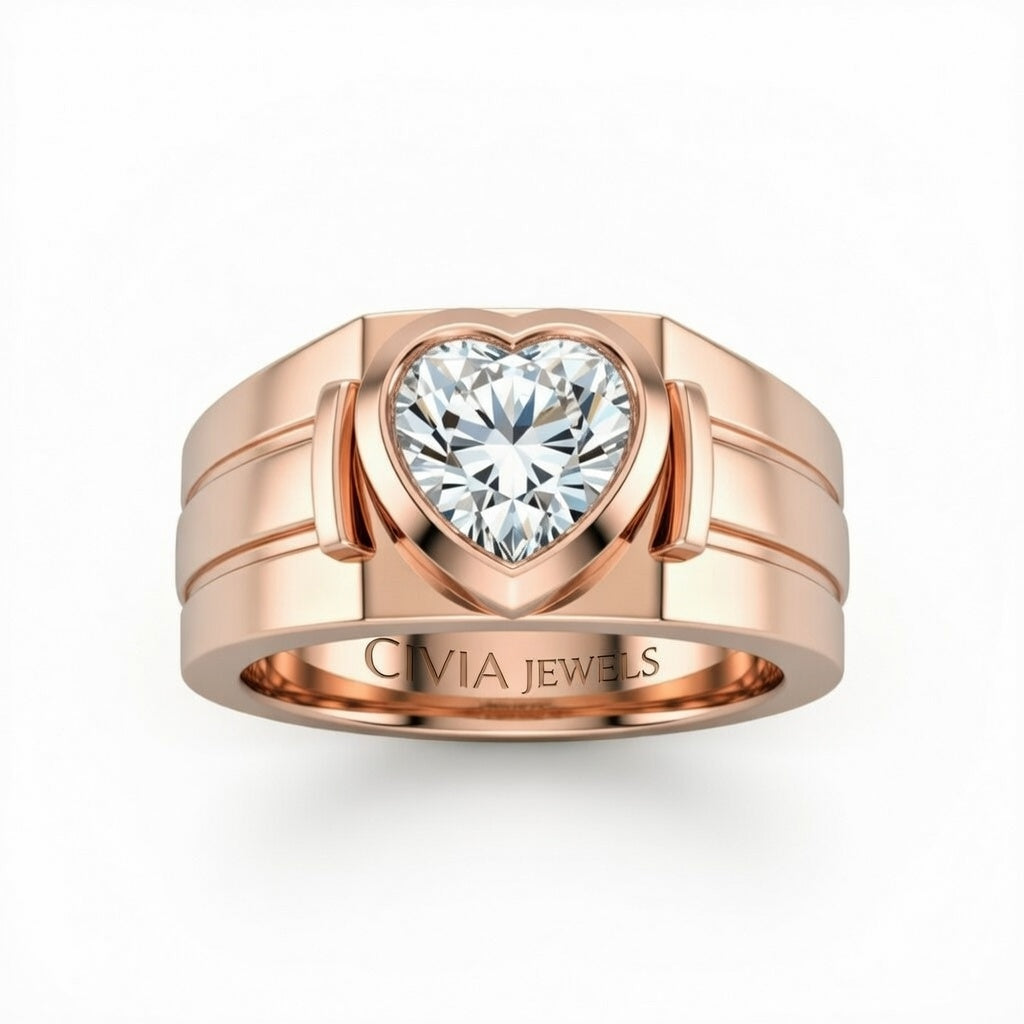 Rose Gold Heart Cut Bezel Set Solitaire Engagement Ring with Smooth Band