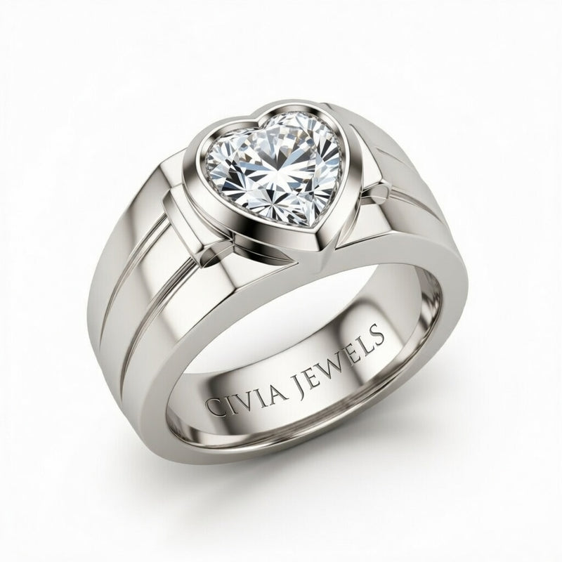 Silver Heart Cut Bezel Set Solitaire Engagement Ring with Smooth Band