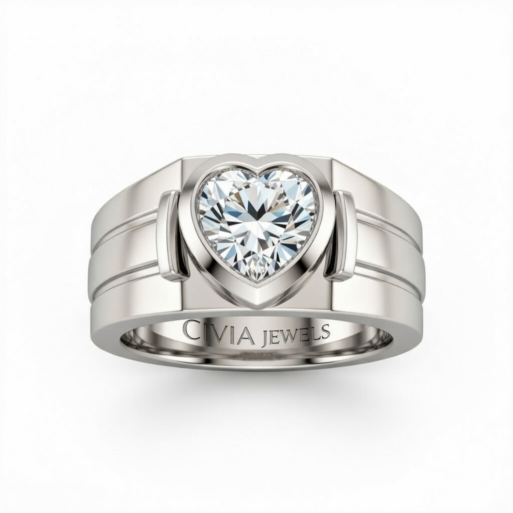 Silver Heart Cut Bezel Set Solitaire Engagement Ring with Smooth Band