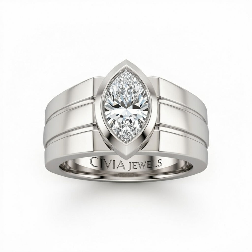White Gold Marquise Cut Bezel Set Solitaire Engagement Ring with Smooth Band