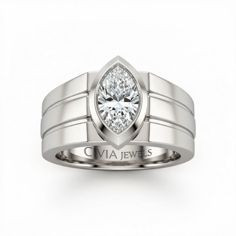 Silver Marquise Cut Bezel Set Solitaire Engagement Ring with Smooth Band