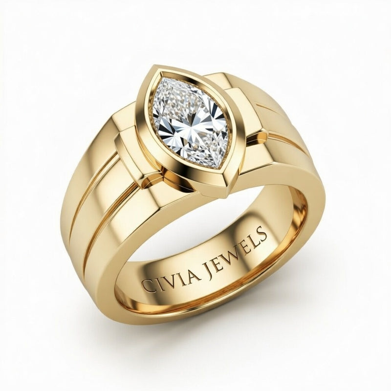 Yellow Gold Marquise Cut Bezel Set Solitaire Engagement Ring with Smooth Band