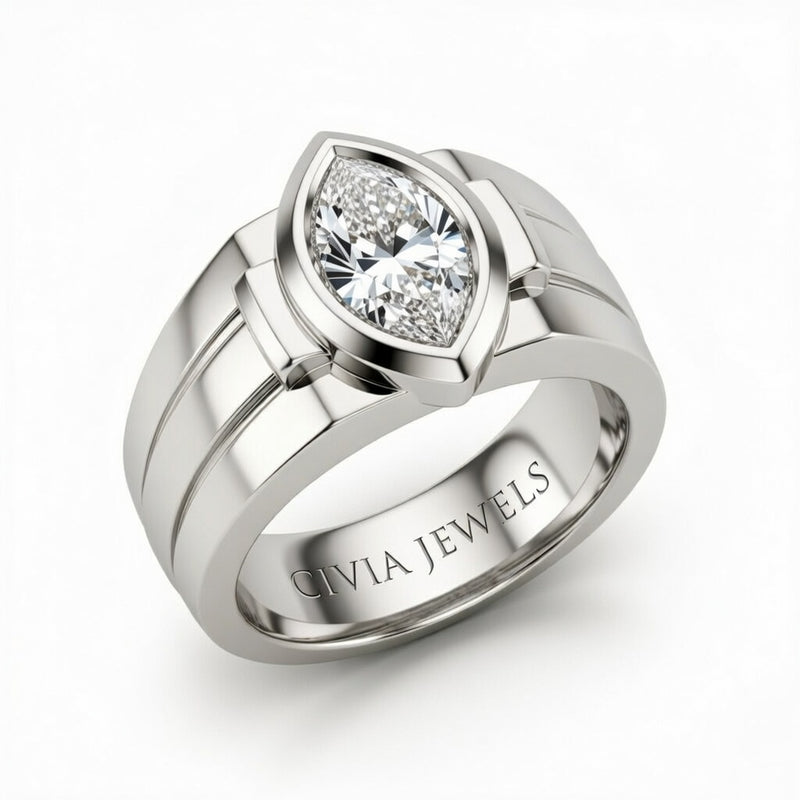 Silver Marquise Cut Bezel Set Solitaire Engagement Ring with Smooth Band