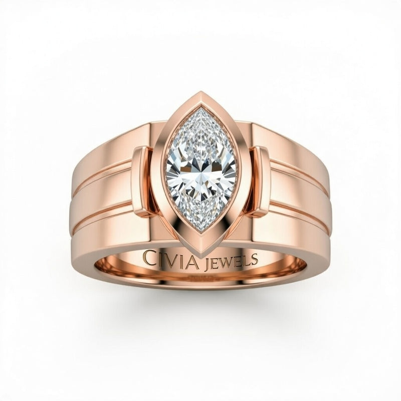 Rose Gold Marquise Cut Bezel Set Solitaire Engagement Ring with Smooth Band