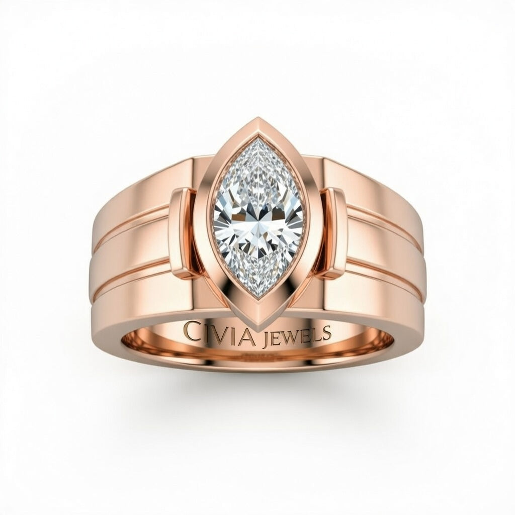 Rose Gold Marquise Cut Bezel Set Solitaire Engagement Ring with Smooth Band