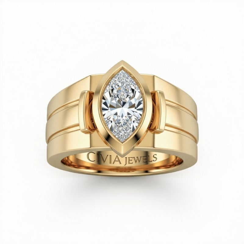 Yellow Gold Marquise Cut Bezel Set Solitaire Engagement Ring with Smooth Band