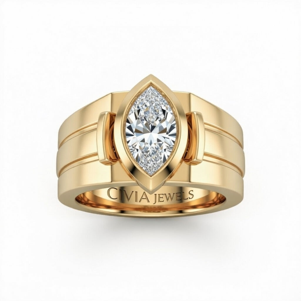 Yellow Gold Marquise Cut Bezel Set Solitaire Engagement Ring with Smooth Band
