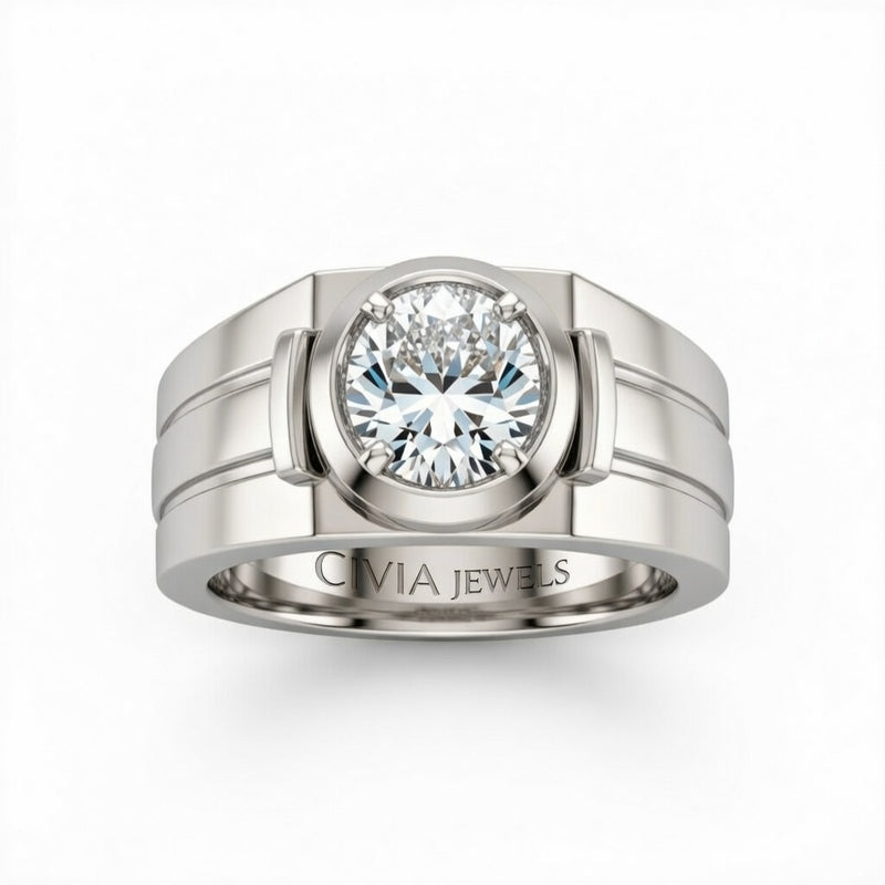 Silver Oval Cut Bezel Set Solitaire Engagement Ring with Smooth Band