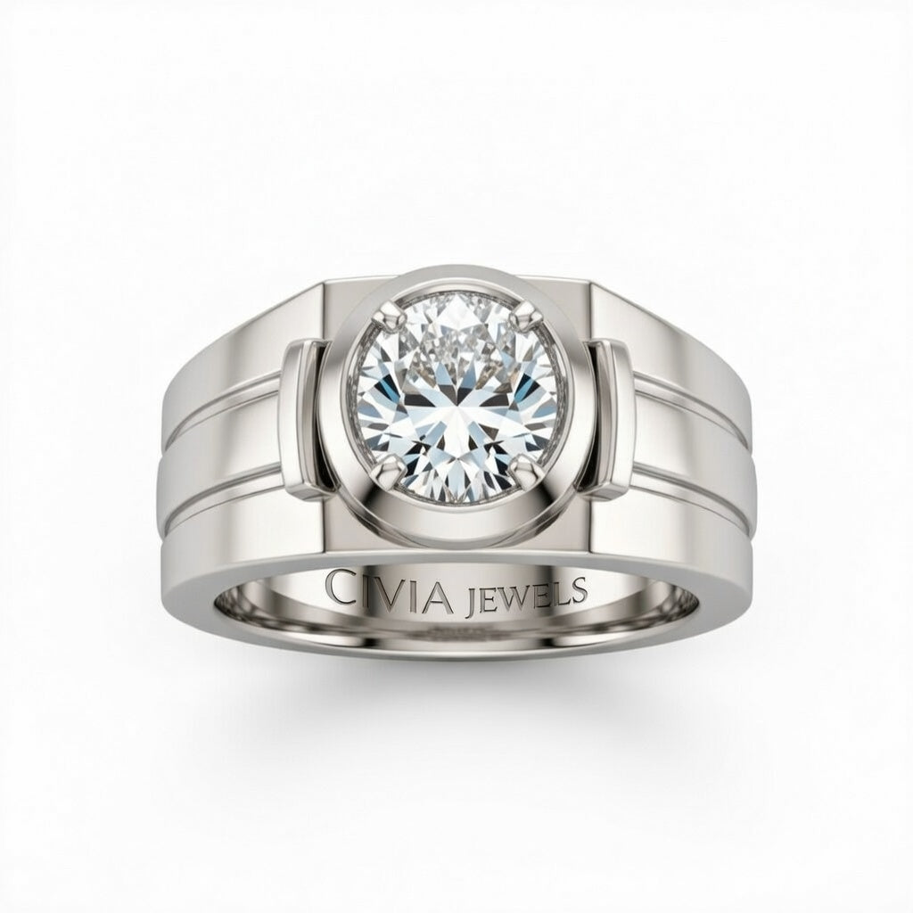 Silver Oval Cut Bezel Set Solitaire Engagement Ring with Smooth Band