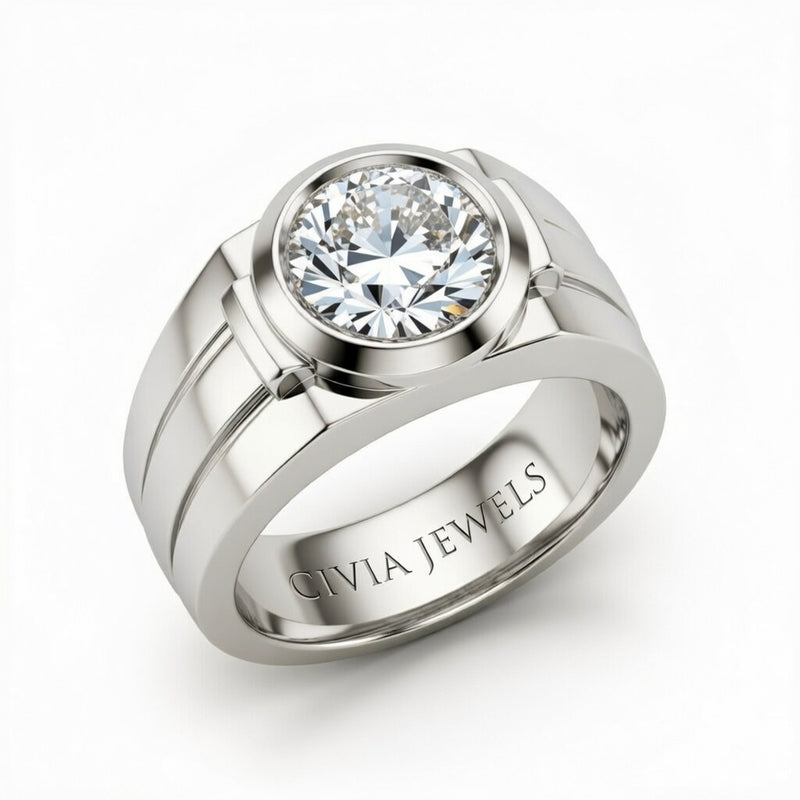 Silver Oval Cut Bezel Set Solitaire Engagement Ring with Smooth Band
