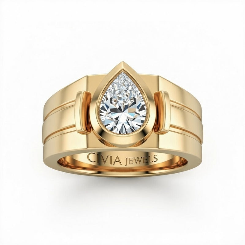 Yellow Gold Pear Cut Bezel Set Solitaire Engagement Ring with Smooth Band