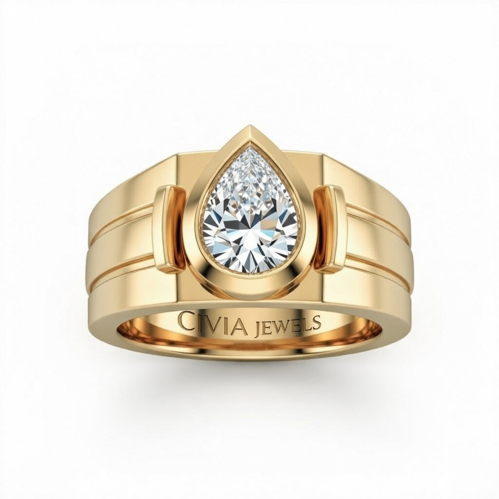 Yellow Gold Pear Cut Bezel Set Solitaire Engagement Ring with Smooth Band