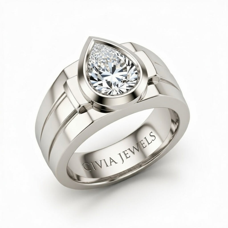 Silver Pear Cut Bezel Set Solitaire Engagement Ring with Smooth Band